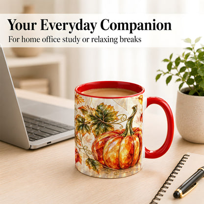 #pl[11oz|Red] Stained Glass Style Pumpkin Coffee Mug, Autumn Leaves Mug, Ceramic Cup