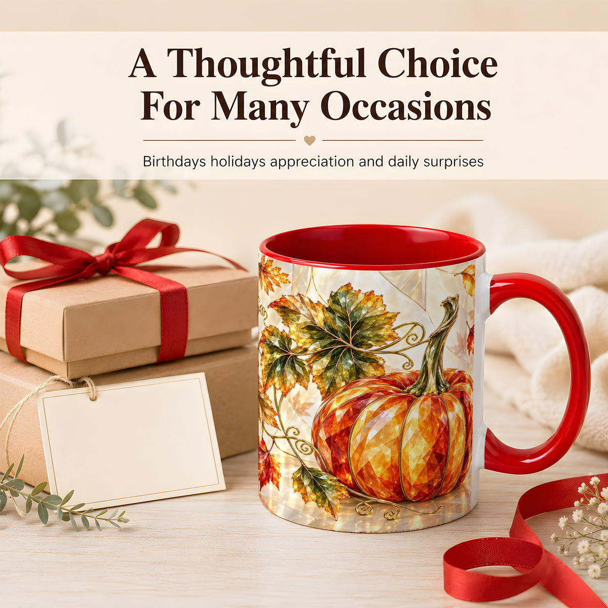 #pl[11oz|Red] Stained Glass Style Pumpkin Coffee Mug, Autumn Leaves Mug, Ceramic Cup