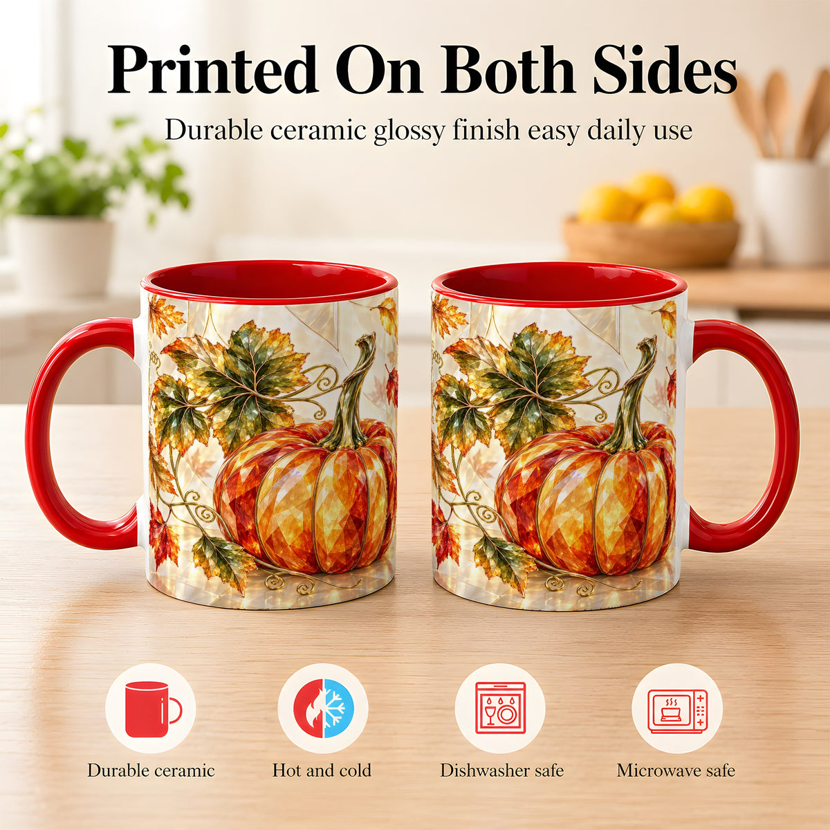 #pl[11oz|Red] Stained Glass Style Pumpkin Coffee Mug, Autumn Leaves Mug, Ceramic Cup