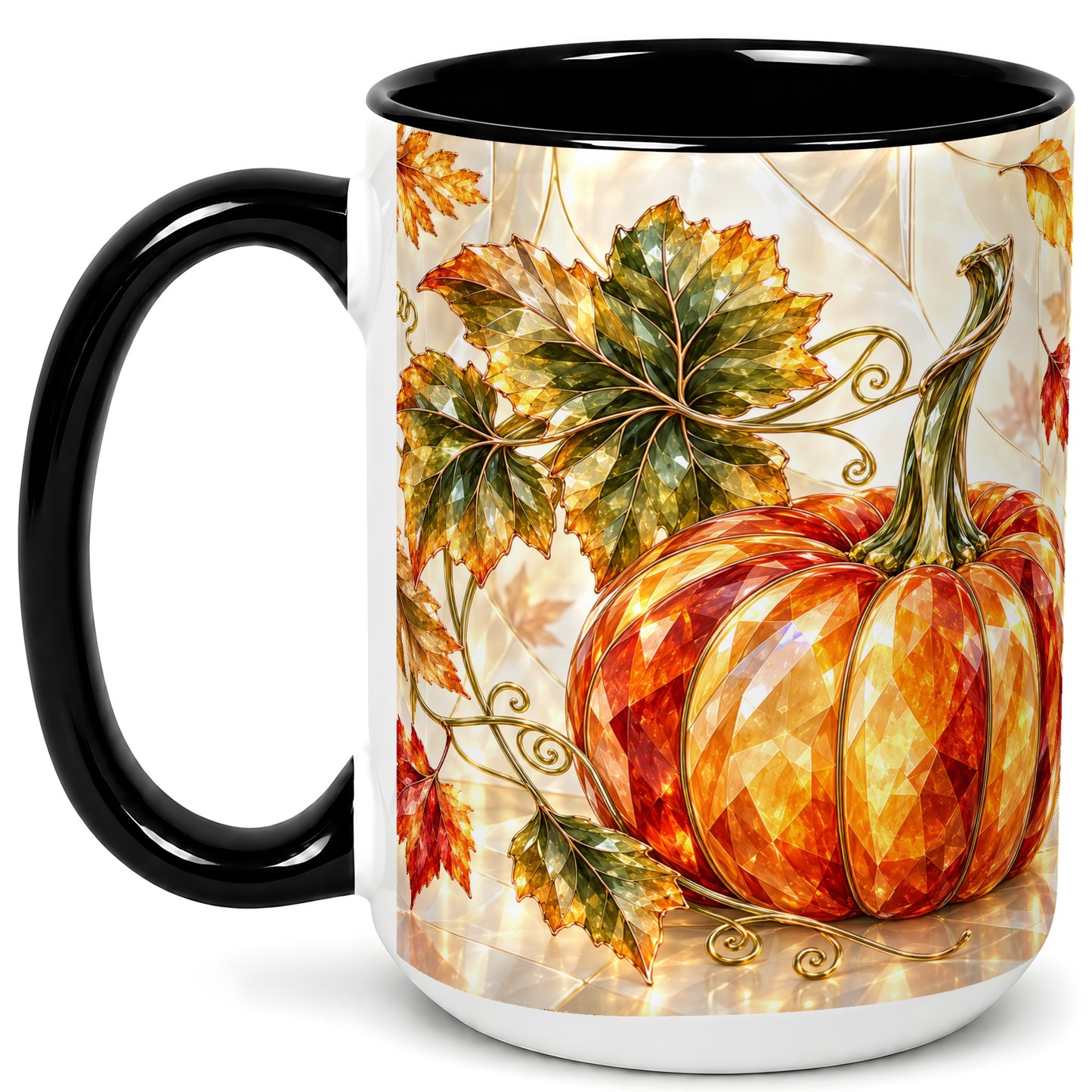 #pl[15oz|Black] Stained Glass Style Pumpkin Coffee Mug, Autumn Leaves Mug, Ceramic Cup