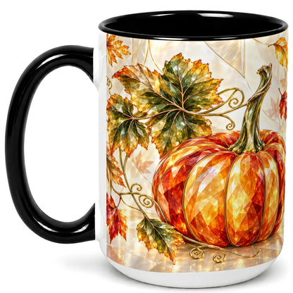 #pl[15oz|Black] Stained Glass Style Pumpkin Coffee Mug, Autumn Leaves Mug, Ceramic Cup