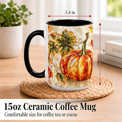 #pl[15oz|Black] Stained Glass Style Pumpkin Coffee Mug, Autumn Leaves Mug, Ceramic Cup