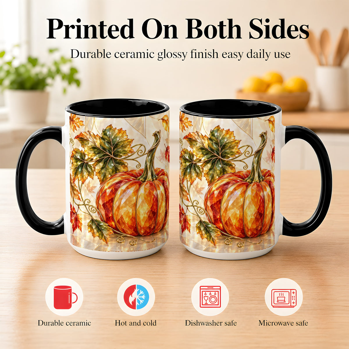 #pl[15oz|Black] Stained Glass Style Pumpkin Coffee Mug, Autumn Leaves Mug, Ceramic Cup
