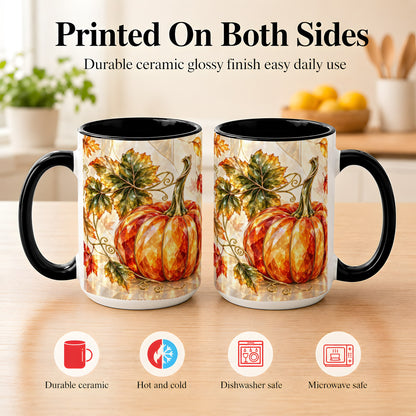 #pl[15oz|Black] Stained Glass Style Pumpkin Coffee Mug, Autumn Leaves Mug, Ceramic Cup