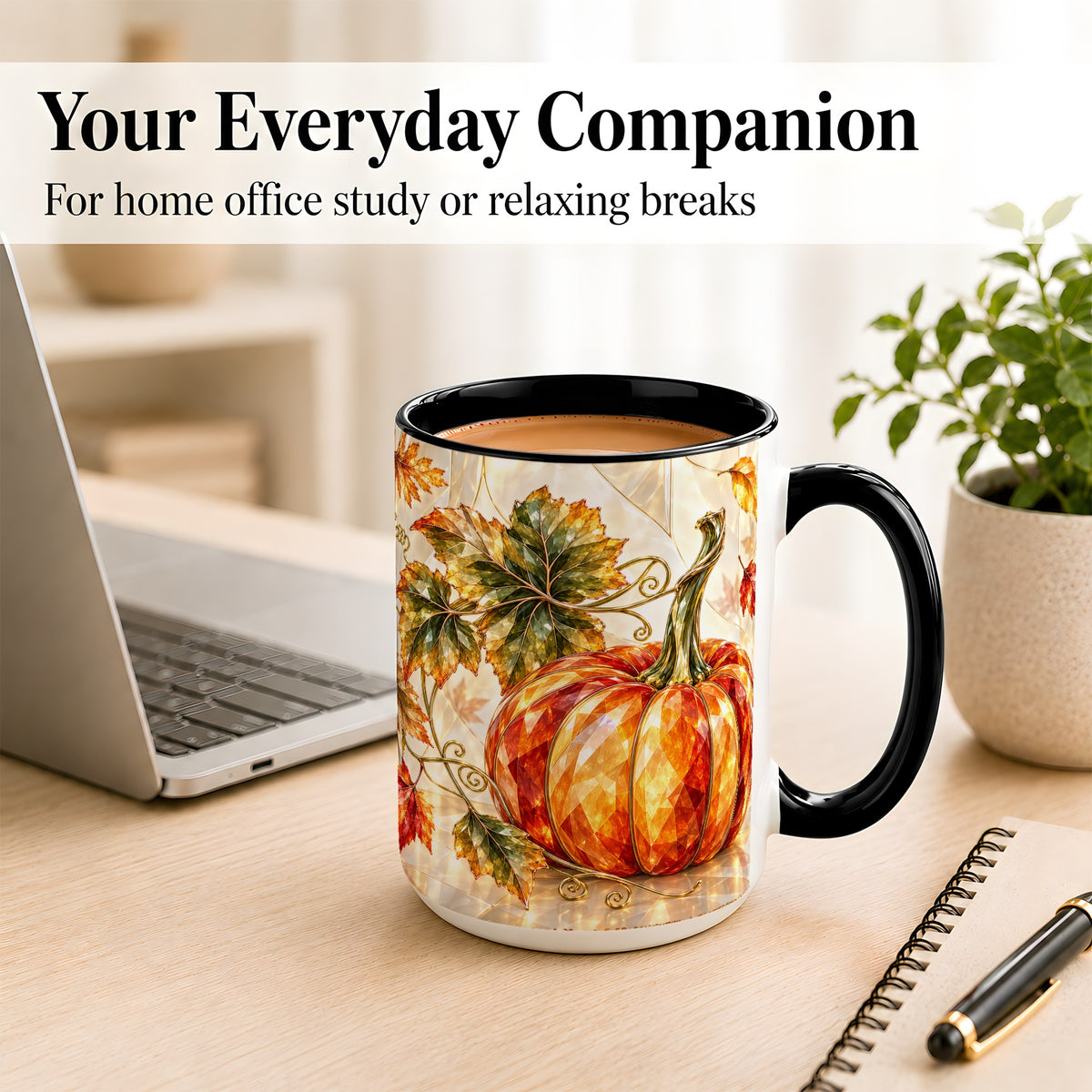 #pl[15oz|Black] Stained Glass Style Pumpkin Coffee Mug, Autumn Leaves Mug, Ceramic Cup