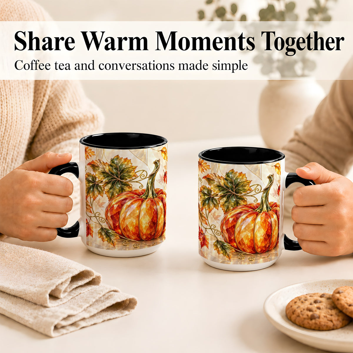 #pl[15oz|Black] Stained Glass Style Pumpkin Coffee Mug, Autumn Leaves Mug, Ceramic Cup