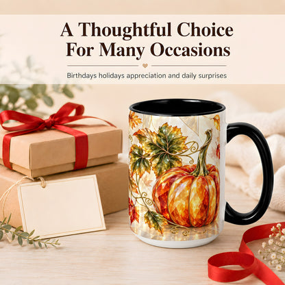 #pl[15oz|Black] Stained Glass Style Pumpkin Coffee Mug, Autumn Leaves Mug, Ceramic Cup