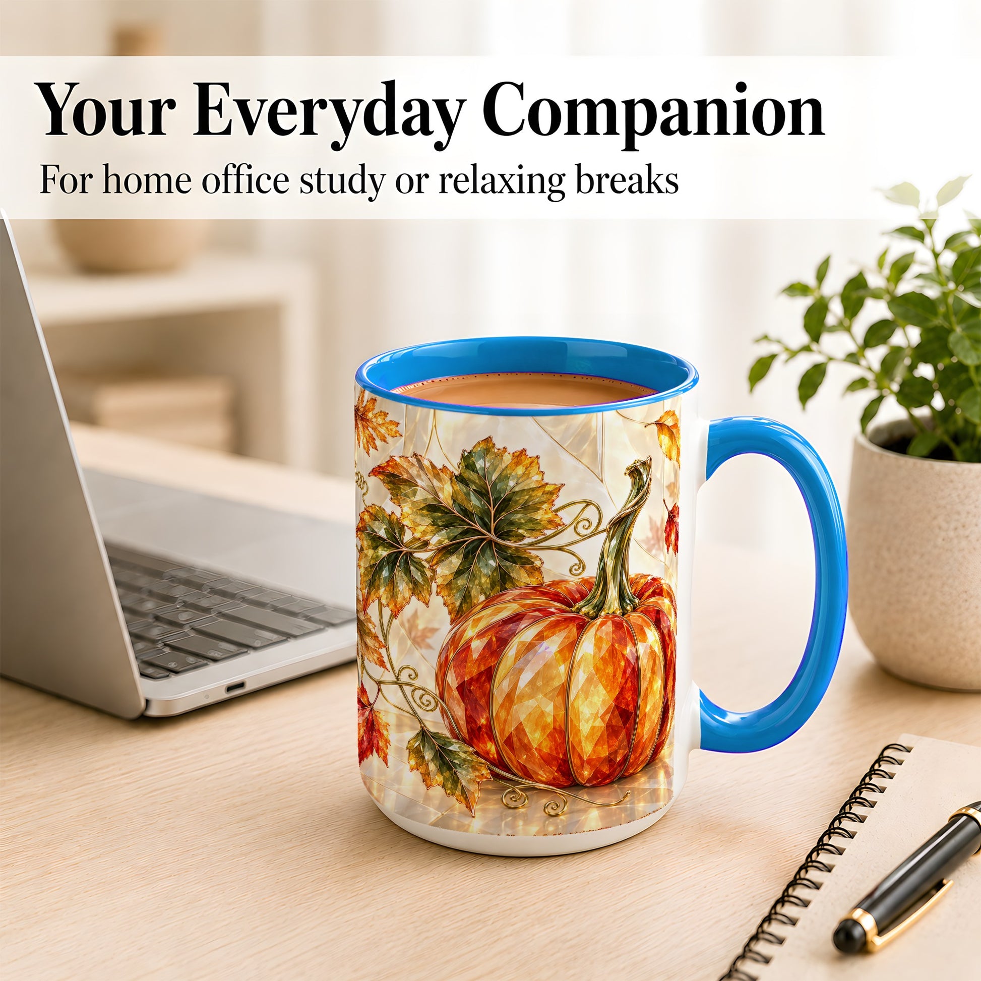 #pl[15oz|Blue] Stained Glass Style Pumpkin Coffee Mug, Autumn Leaves Mug, Ceramic Cup