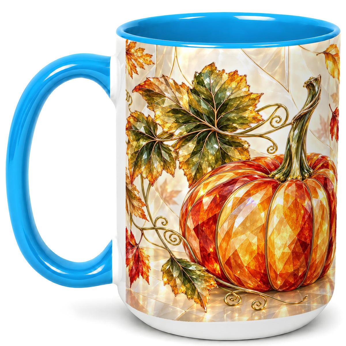 #pl[15oz|Blue] Stained Glass Style Pumpkin Coffee Mug, Autumn Leaves Mug, Ceramic Cup