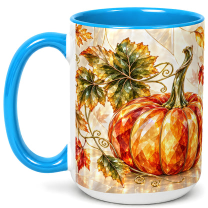 #pl[15oz|Blue] Stained Glass Style Pumpkin Coffee Mug, Autumn Leaves Mug, Ceramic Cup