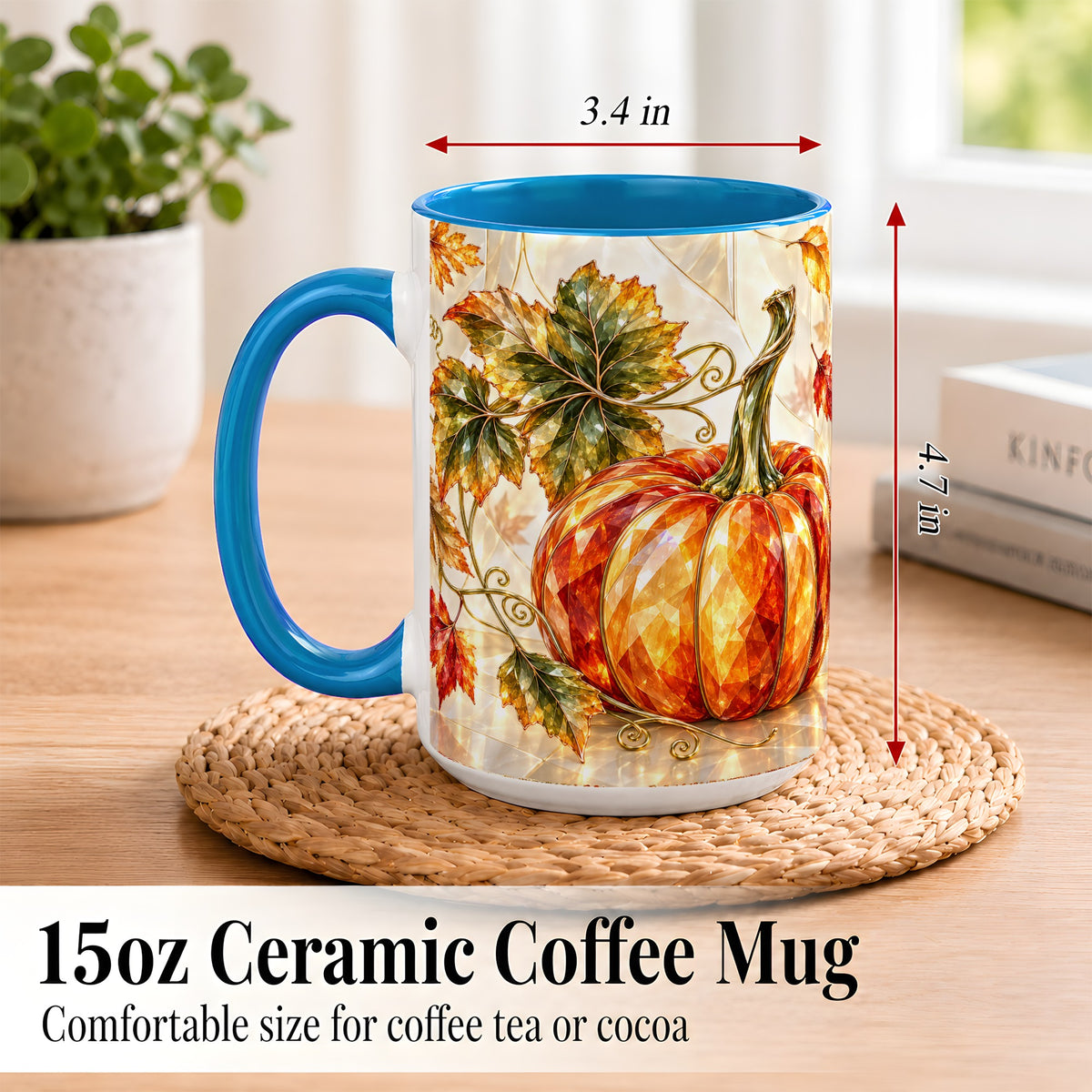 #pl[15oz|Blue] Stained Glass Style Pumpkin Coffee Mug, Autumn Leaves Mug, Ceramic Cup