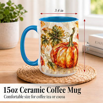 #pl[15oz|Blue] Stained Glass Style Pumpkin Coffee Mug, Autumn Leaves Mug, Ceramic Cup