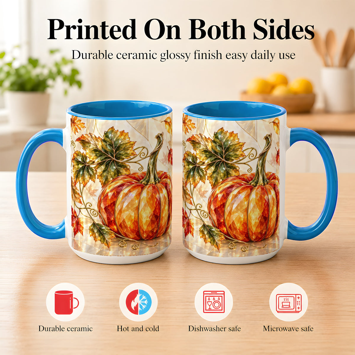 #pl[15oz|Blue] Stained Glass Style Pumpkin Coffee Mug, Autumn Leaves Mug, Ceramic Cup