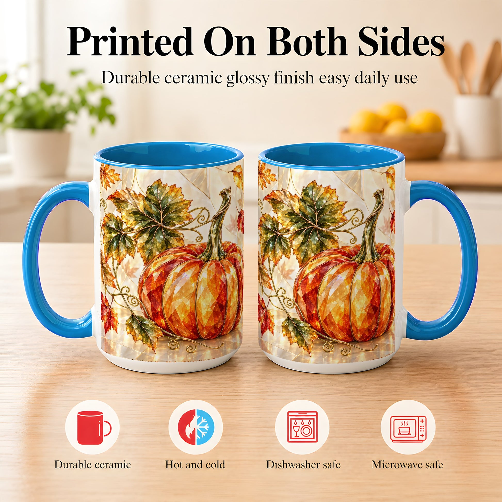 #pl[15oz|Blue] Stained Glass Style Pumpkin Coffee Mug, Autumn Leaves Mug, Ceramic Cup