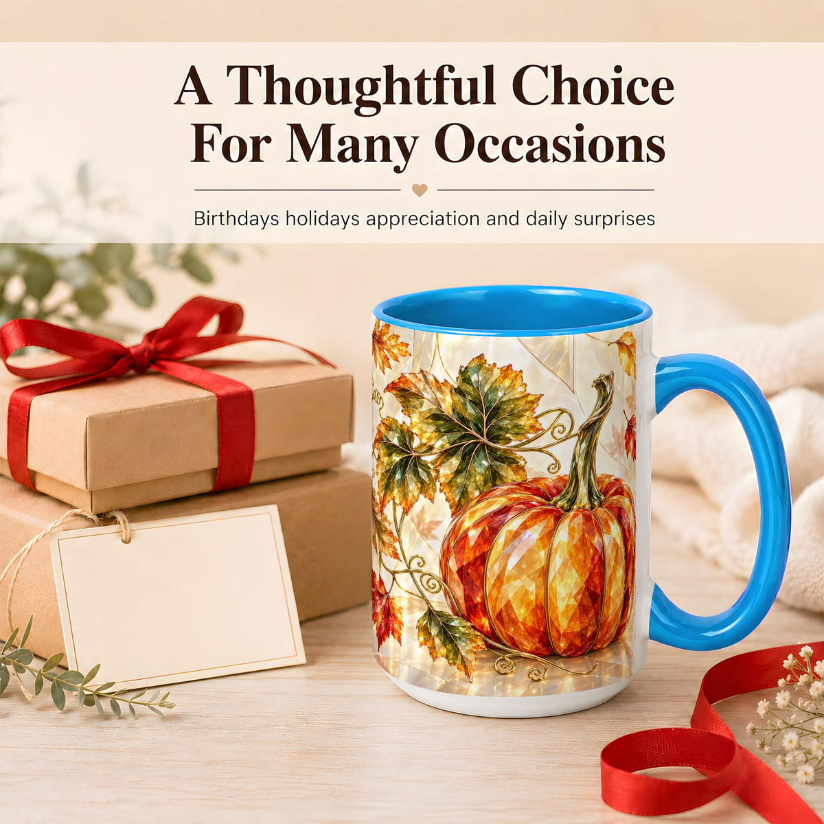 #pl[15oz|Blue] Stained Glass Style Pumpkin Coffee Mug, Autumn Leaves Mug, Ceramic Cup