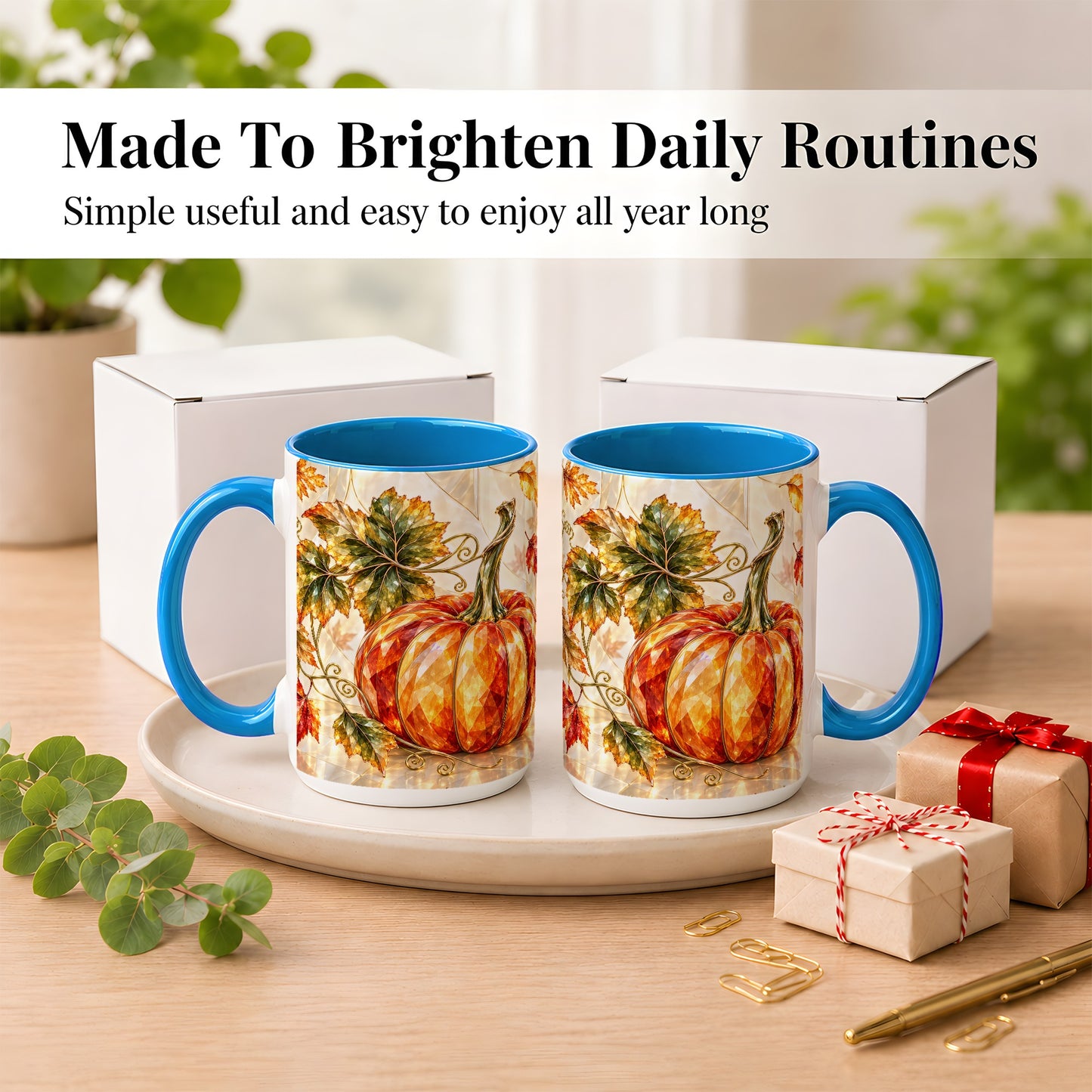 #pl[15oz|Blue] Stained Glass Style Pumpkin Coffee Mug, Autumn Leaves Mug, Ceramic Cup