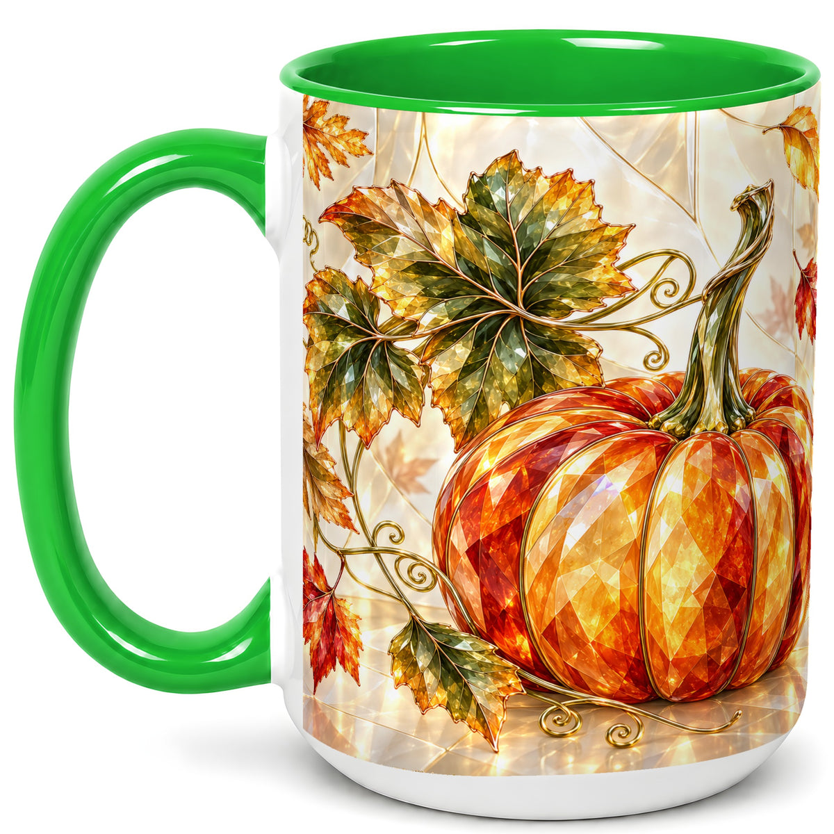 #pl[15oz|Green] Stained Glass Style Pumpkin Coffee Mug, Autumn Leaves Mug, Ceramic Cup