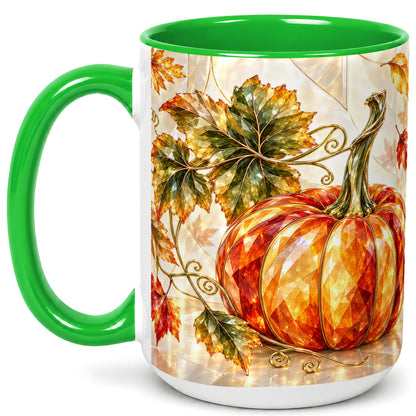 #pl[15oz|Green] Stained Glass Style Pumpkin Coffee Mug, Autumn Leaves Mug, Ceramic Cup