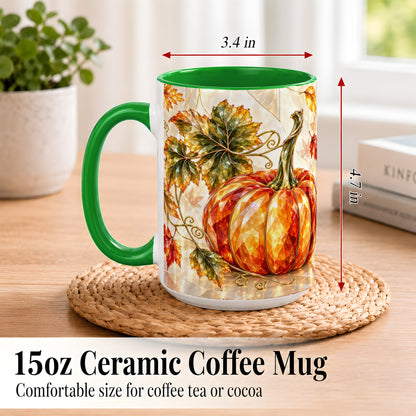 #pl[15oz|Green] Stained Glass Style Pumpkin Coffee Mug, Autumn Leaves Mug, Ceramic Cup
