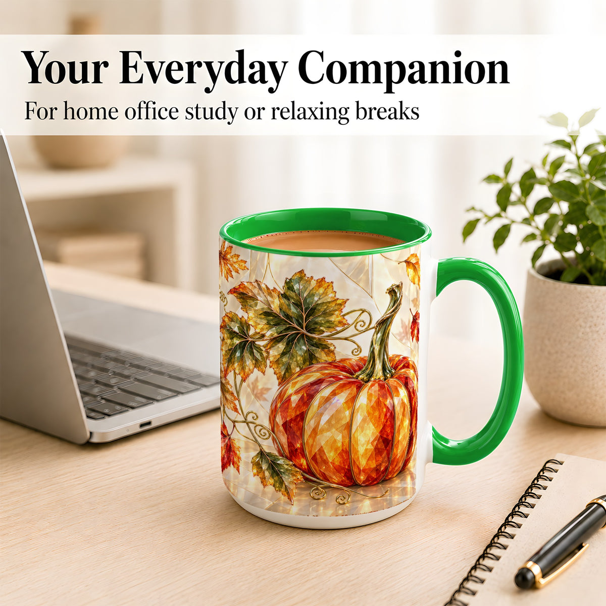 #pl[15oz|Green] Stained Glass Style Pumpkin Coffee Mug, Autumn Leaves Mug, Ceramic Cup