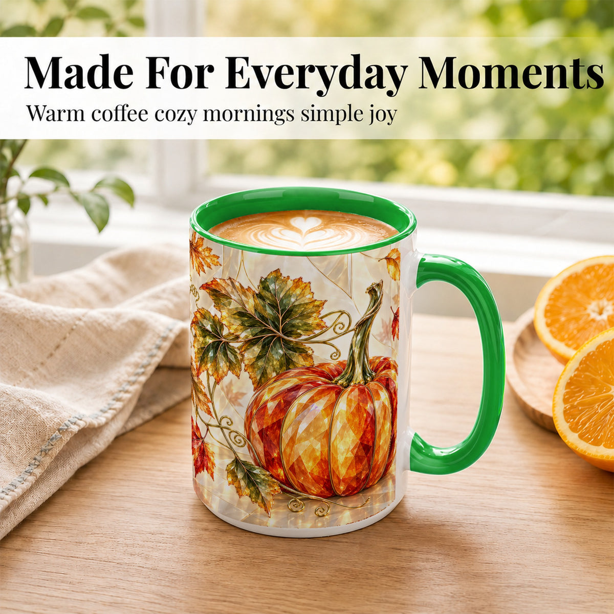 #pl[15oz|Green] Stained Glass Style Pumpkin Coffee Mug, Autumn Leaves Mug, Ceramic Cup