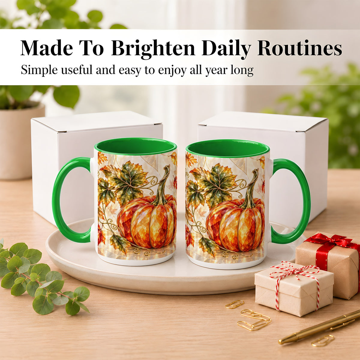 #pl[15oz|Green] Stained Glass Style Pumpkin Coffee Mug, Autumn Leaves Mug, Ceramic Cup