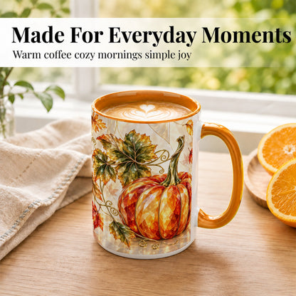 #pl[15oz|Orange] Stained Glass Style Pumpkin Coffee Mug, Autumn Leaves Mug, Ceramic Cup