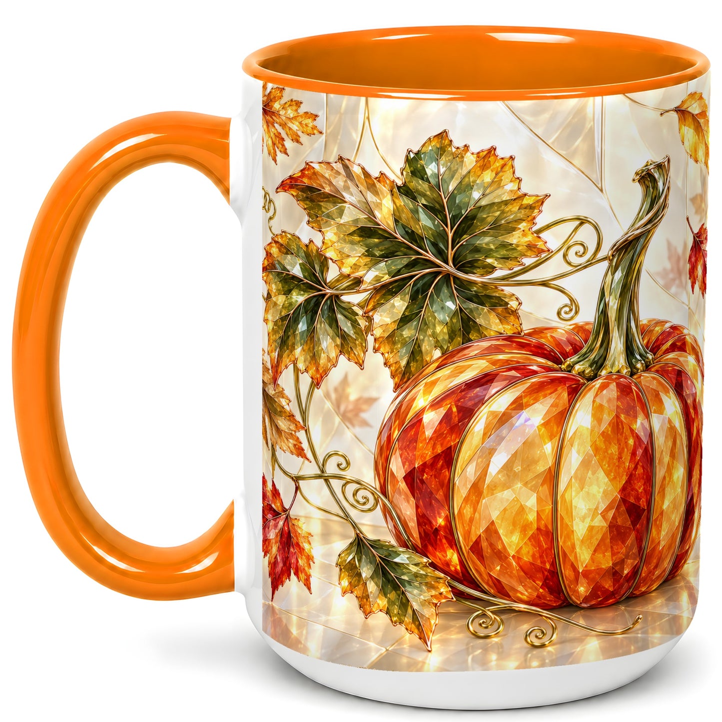#pl[15oz|Orange] Stained Glass Style Pumpkin Coffee Mug, Autumn Leaves Mug, Ceramic Cup