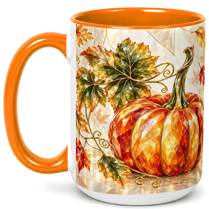 #pl[15oz|Orange] Stained Glass Style Pumpkin Coffee Mug, Autumn Leaves Mug, Ceramic Cup