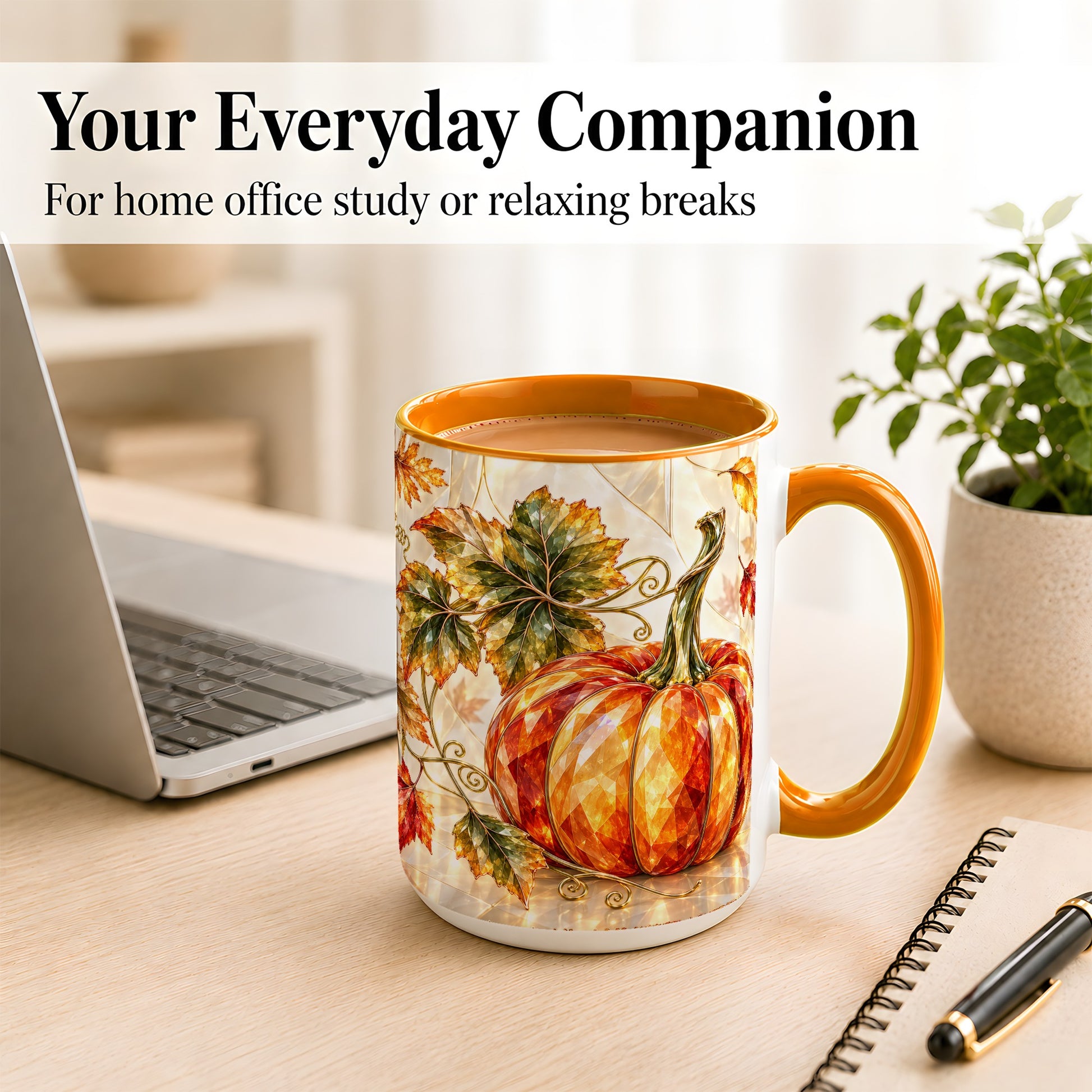 #pl[15oz|Orange] Stained Glass Style Pumpkin Coffee Mug, Autumn Leaves Mug, Ceramic Cup