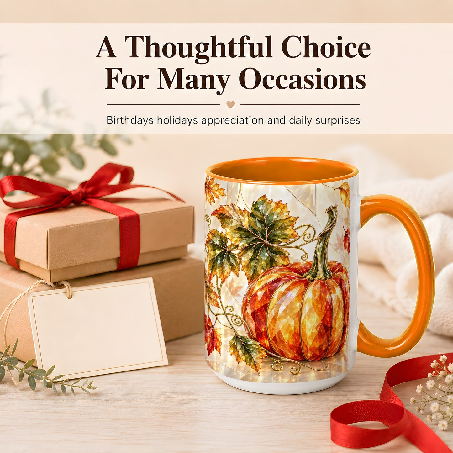 #pl[15oz|Orange] Stained Glass Style Pumpkin Coffee Mug, Autumn Leaves Mug, Ceramic Cup