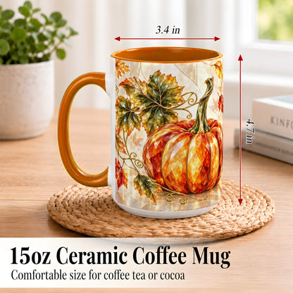#pl[15oz|Orange] Stained Glass Style Pumpkin Coffee Mug, Autumn Leaves Mug, Ceramic Cup