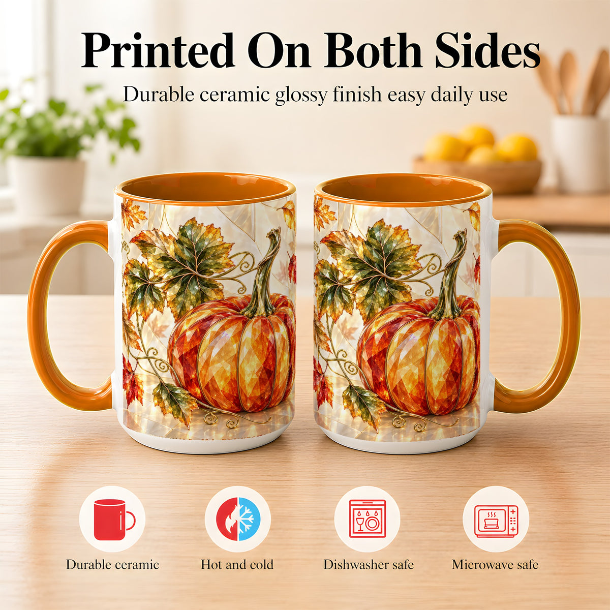 #pl[15oz|Orange] Stained Glass Style Pumpkin Coffee Mug, Autumn Leaves Mug, Ceramic Cup
