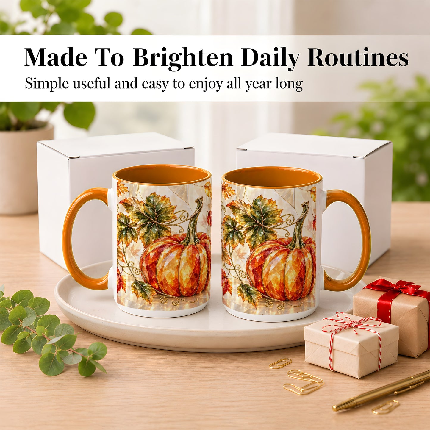 #pl[15oz|Orange] Stained Glass Style Pumpkin Coffee Mug, Autumn Leaves Mug, Ceramic Cup