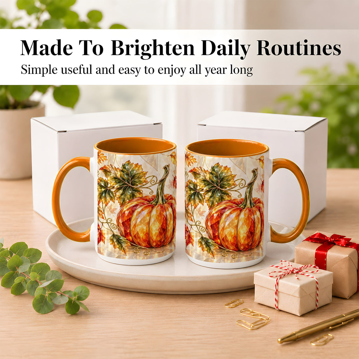 #pl[15oz|Orange] Stained Glass Style Pumpkin Coffee Mug, Autumn Leaves Mug, Ceramic Cup