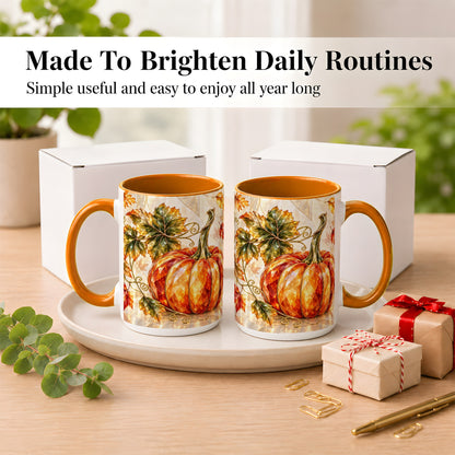 #pl[15oz|Orange] Stained Glass Style Pumpkin Coffee Mug, Autumn Leaves Mug, Ceramic Cup