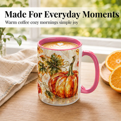#pl[15oz|Pink] Stained Glass Style Pumpkin Coffee Mug, Autumn Leaves Mug, Ceramic Cup