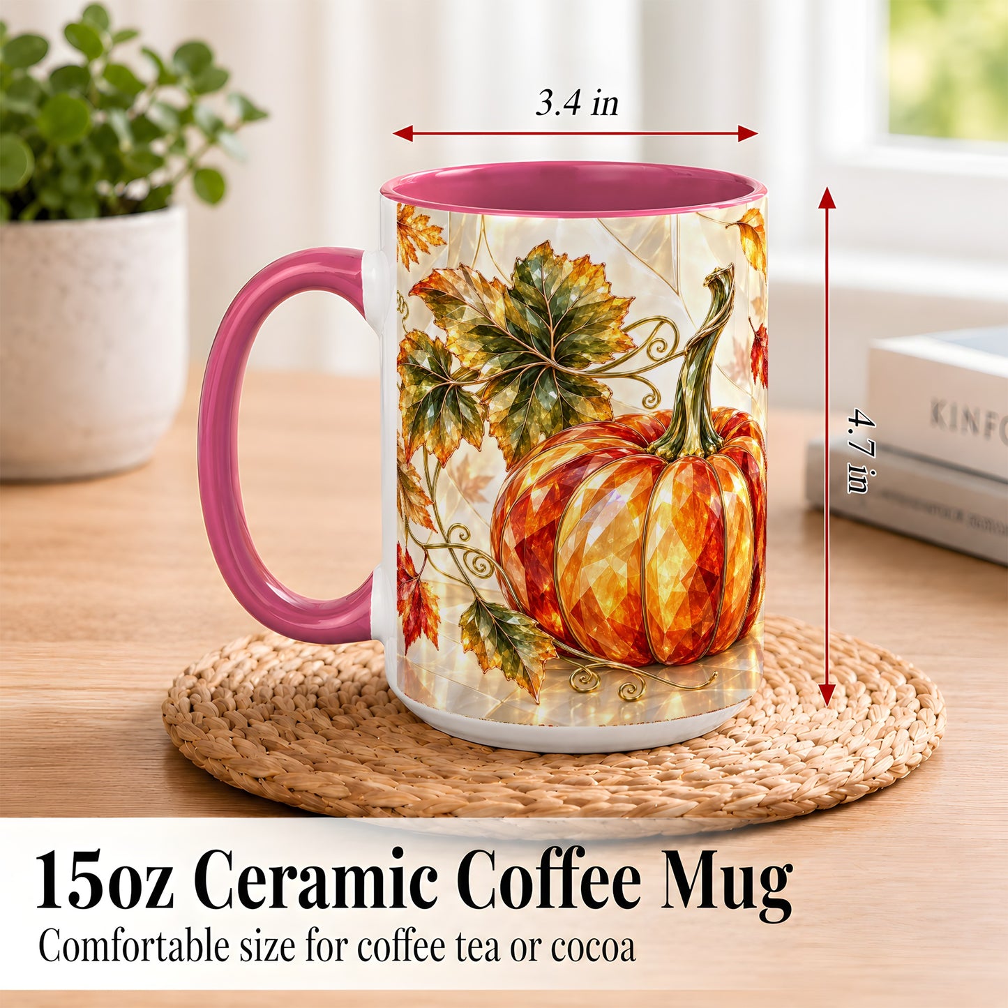 #pl[15oz|Pink] Stained Glass Style Pumpkin Coffee Mug, Autumn Leaves Mug, Ceramic Cup