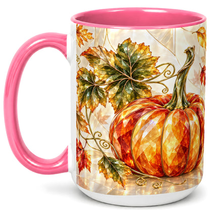#pl[15oz|Pink] Stained Glass Style Pumpkin Coffee Mug, Autumn Leaves Mug, Ceramic Cup