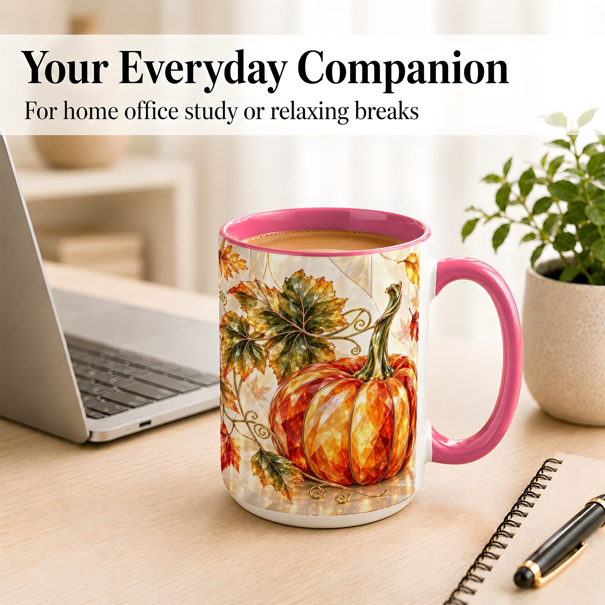 #pl[15oz|Pink] Stained Glass Style Pumpkin Coffee Mug, Autumn Leaves Mug, Ceramic Cup