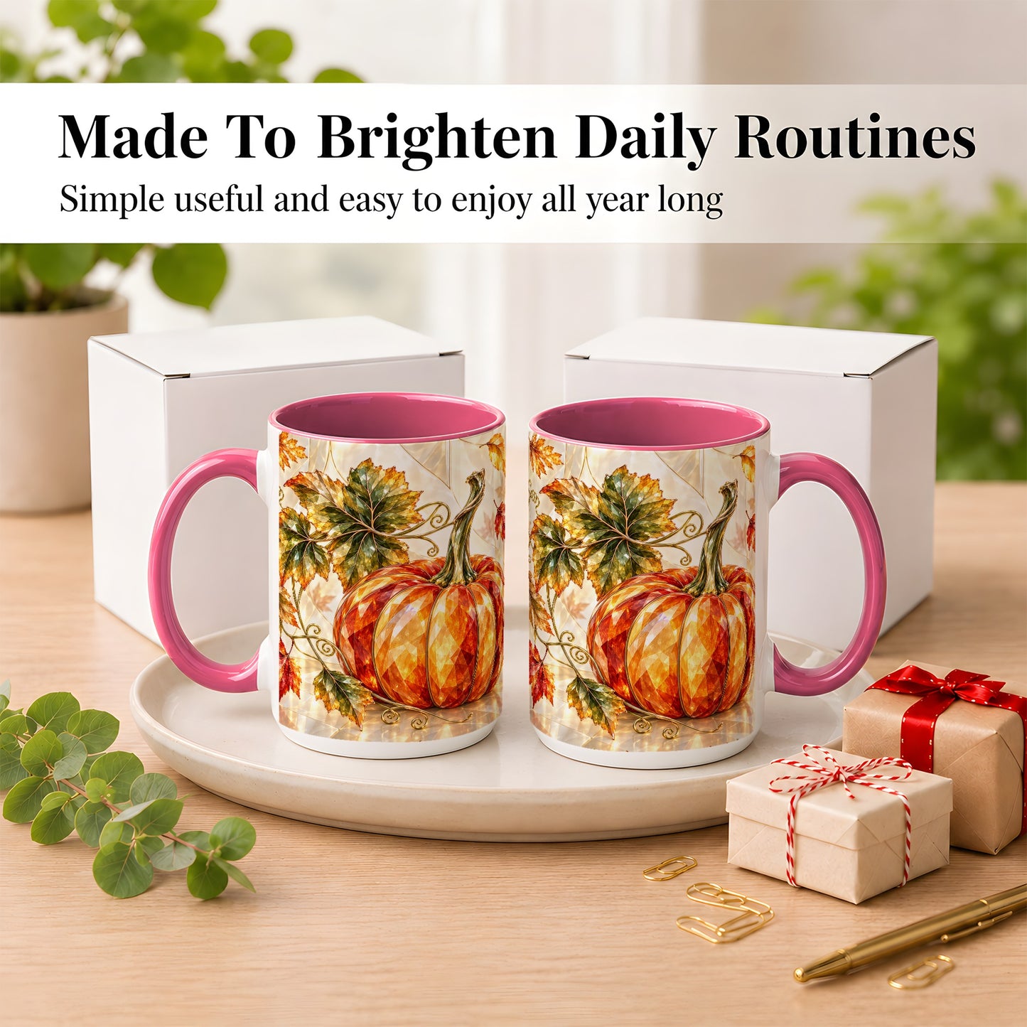 #pl[15oz|Pink] Stained Glass Style Pumpkin Coffee Mug, Autumn Leaves Mug, Ceramic Cup