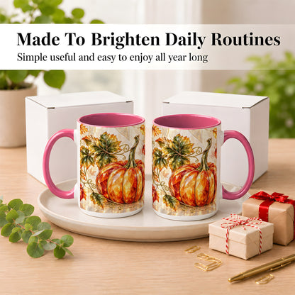 #pl[15oz|Pink] Stained Glass Style Pumpkin Coffee Mug, Autumn Leaves Mug, Ceramic Cup