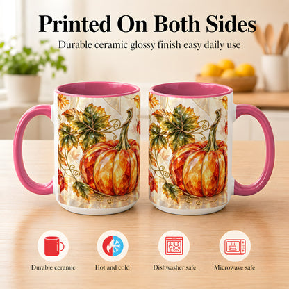 #pl[15oz|Pink] Stained Glass Style Pumpkin Coffee Mug, Autumn Leaves Mug, Ceramic Cup