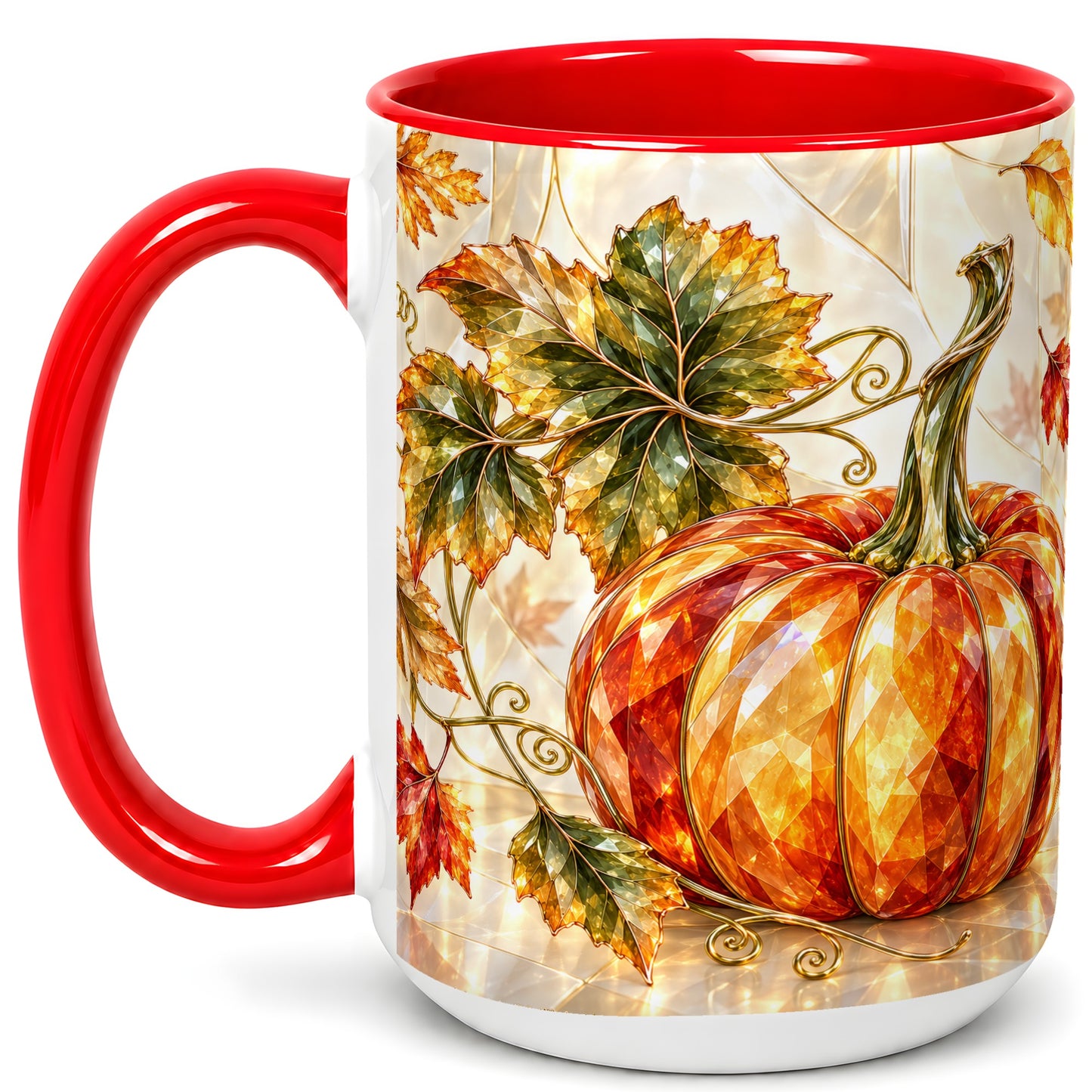 #pl[15oz|Red] Stained Glass Style Pumpkin Coffee Mug, Autumn Leaves Mug, Ceramic Cup