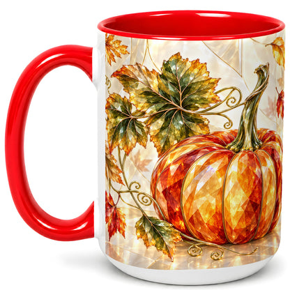 #pl[15oz|Red] Stained Glass Style Pumpkin Coffee Mug, Autumn Leaves Mug, Ceramic Cup