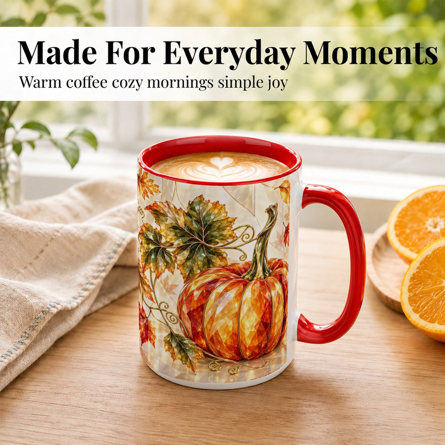 #pl[15oz|Red] Stained Glass Style Pumpkin Coffee Mug, Autumn Leaves Mug, Ceramic Cup