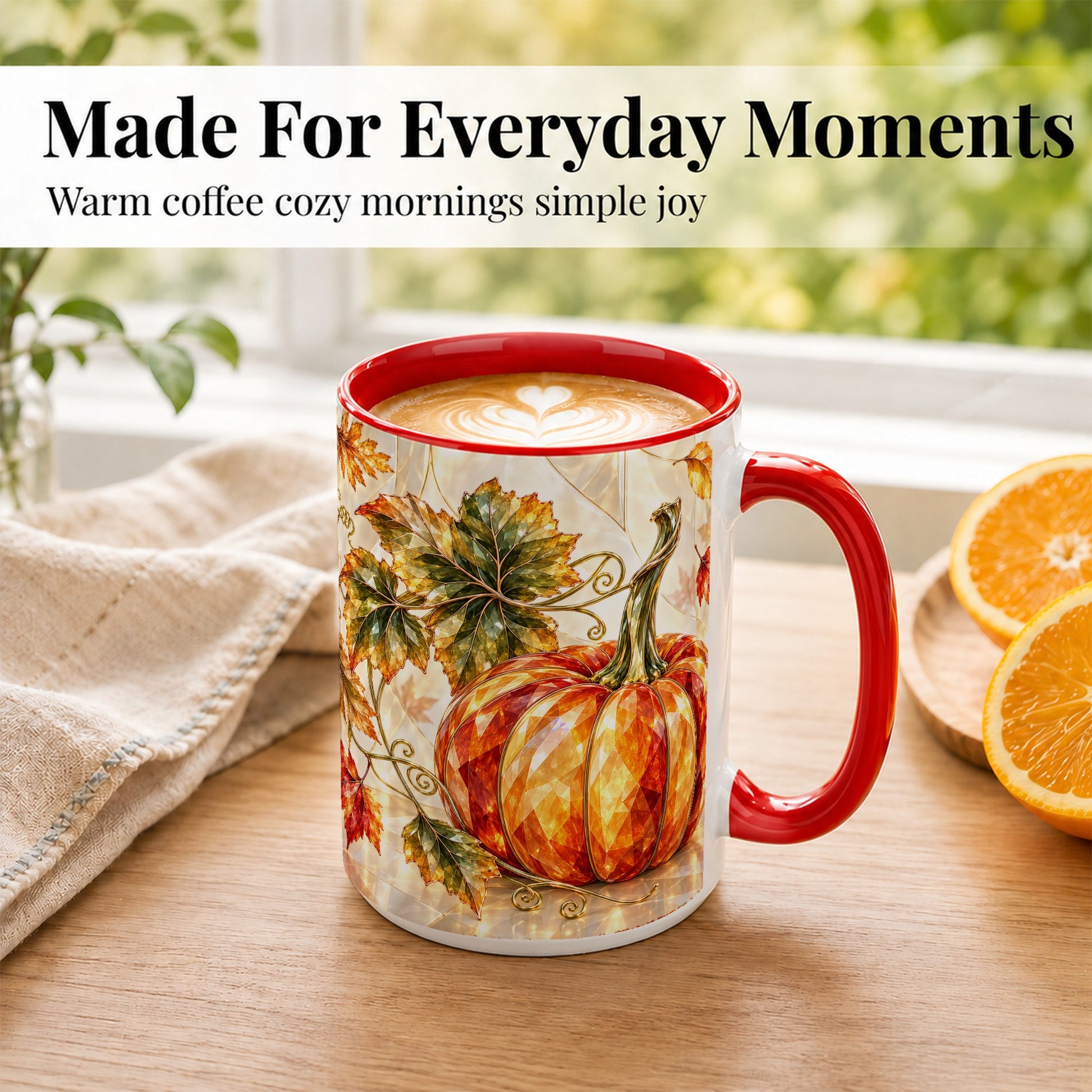 #pl[15oz|Red] Stained Glass Style Pumpkin Coffee Mug, Autumn Leaves Mug, Ceramic Cup