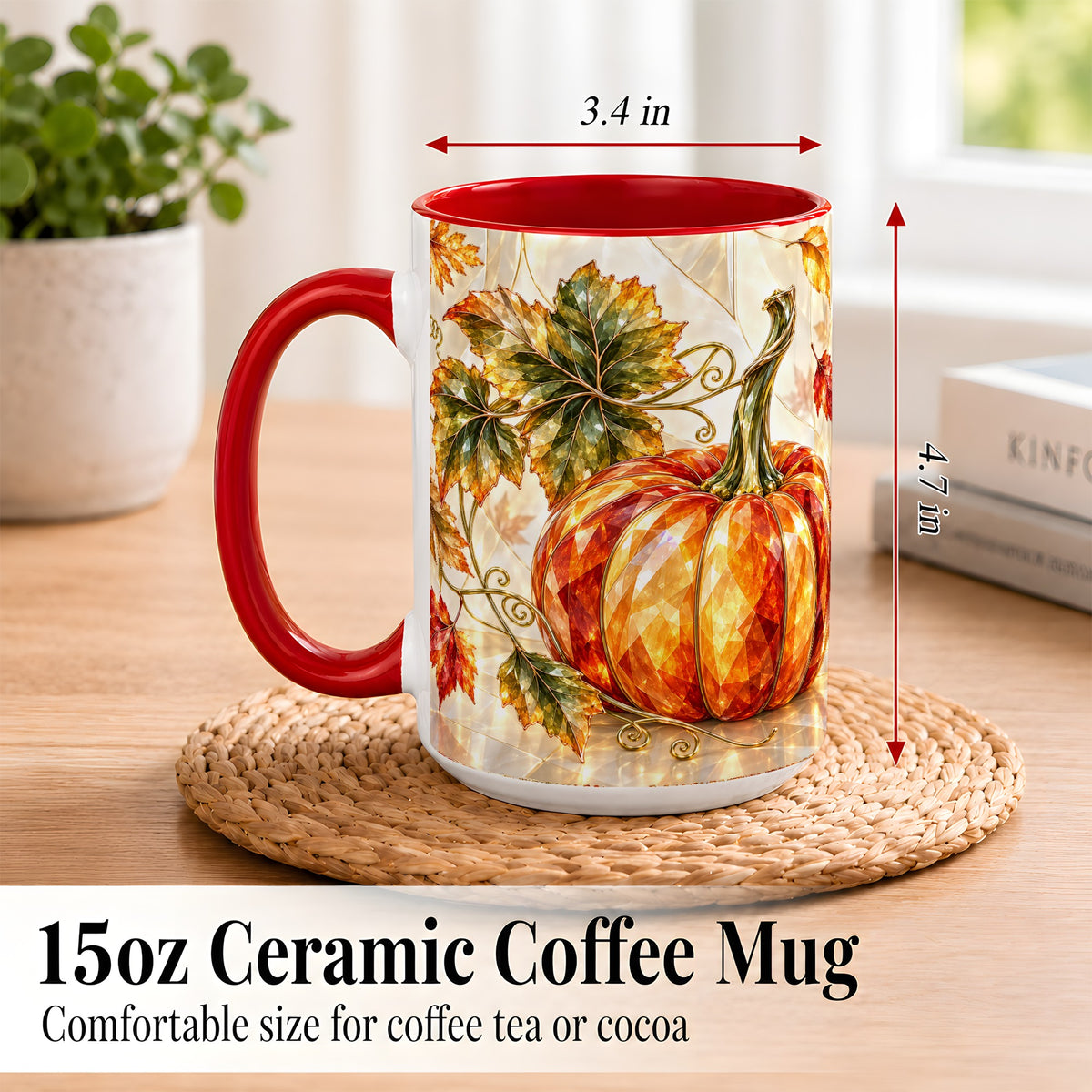 #pl[15oz|Red] Stained Glass Style Pumpkin Coffee Mug, Autumn Leaves Mug, Ceramic Cup