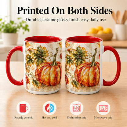 #pl[15oz|Red] Stained Glass Style Pumpkin Coffee Mug, Autumn Leaves Mug, Ceramic Cup