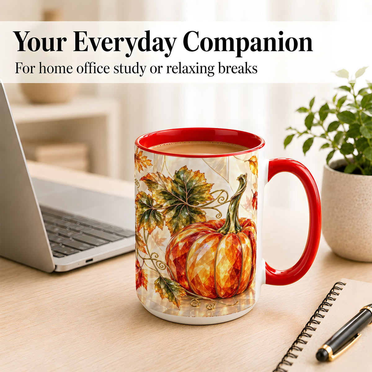 #pl[15oz|Red] Stained Glass Style Pumpkin Coffee Mug, Autumn Leaves Mug, Ceramic Cup